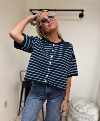 Entro Green and Blue Stripe Short Sleeve Sweater