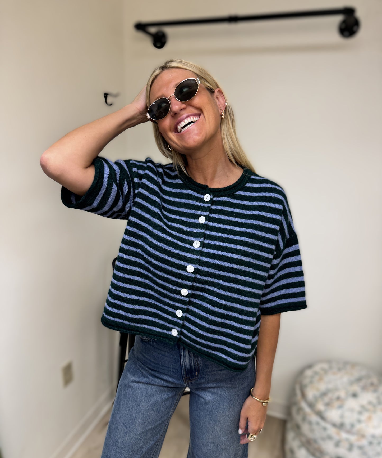 Entro Green and Blue Stripe Short Sleeve Sweater