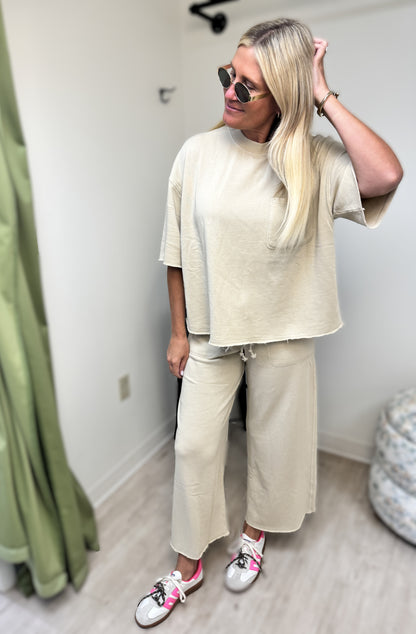 La Biz Soft Neutral Tan Crew Neck Wide Leg Set