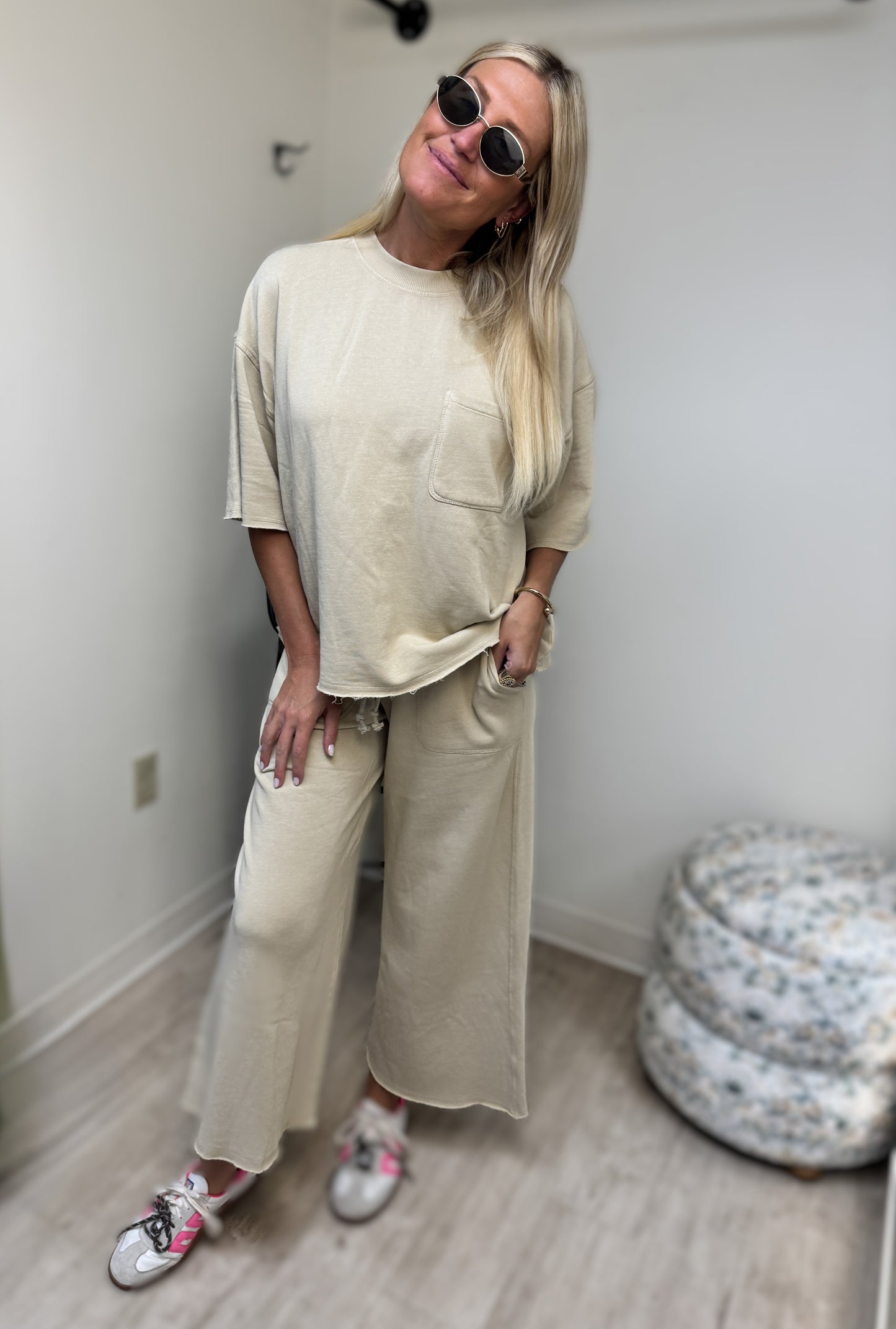 La Biz Soft Neutral Tan Crew Neck Wide Leg Set