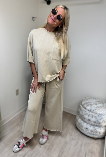 La Biz Soft Neutral Tan Crew Neck Wide Leg Set