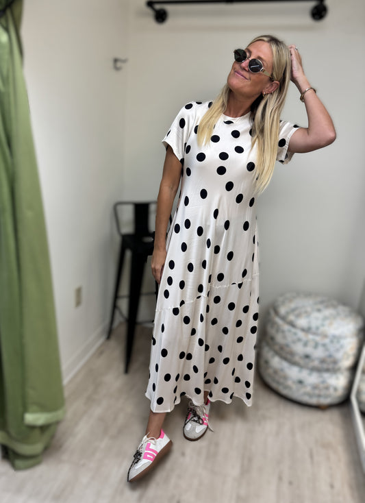 Milio Milano Cream and Black Polka Dot Cap Sleeve Midi Dress