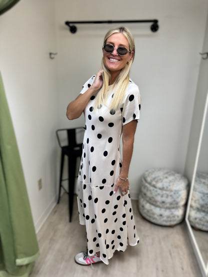 Milio Milano Cream and Black Polka Dot Cap Sleeve Midi Dress