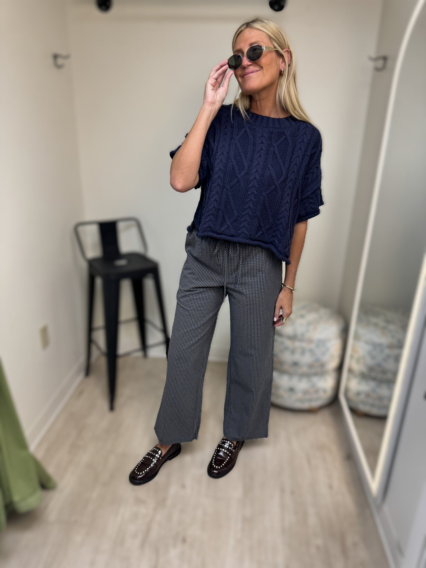 Le Lis Navy Gingham Wide Leg Pants