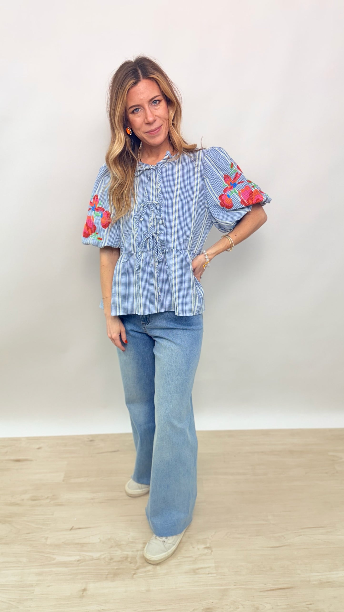 Light Blue Stripe Top with Embroidery and Ties