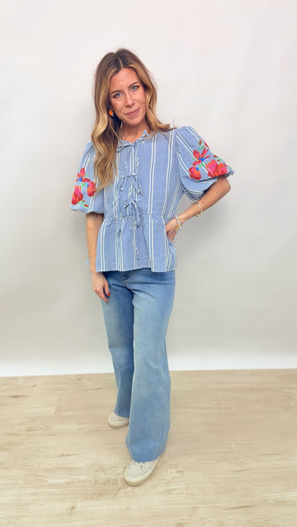 Light Blue Stripe Top with Embroidery and Ties