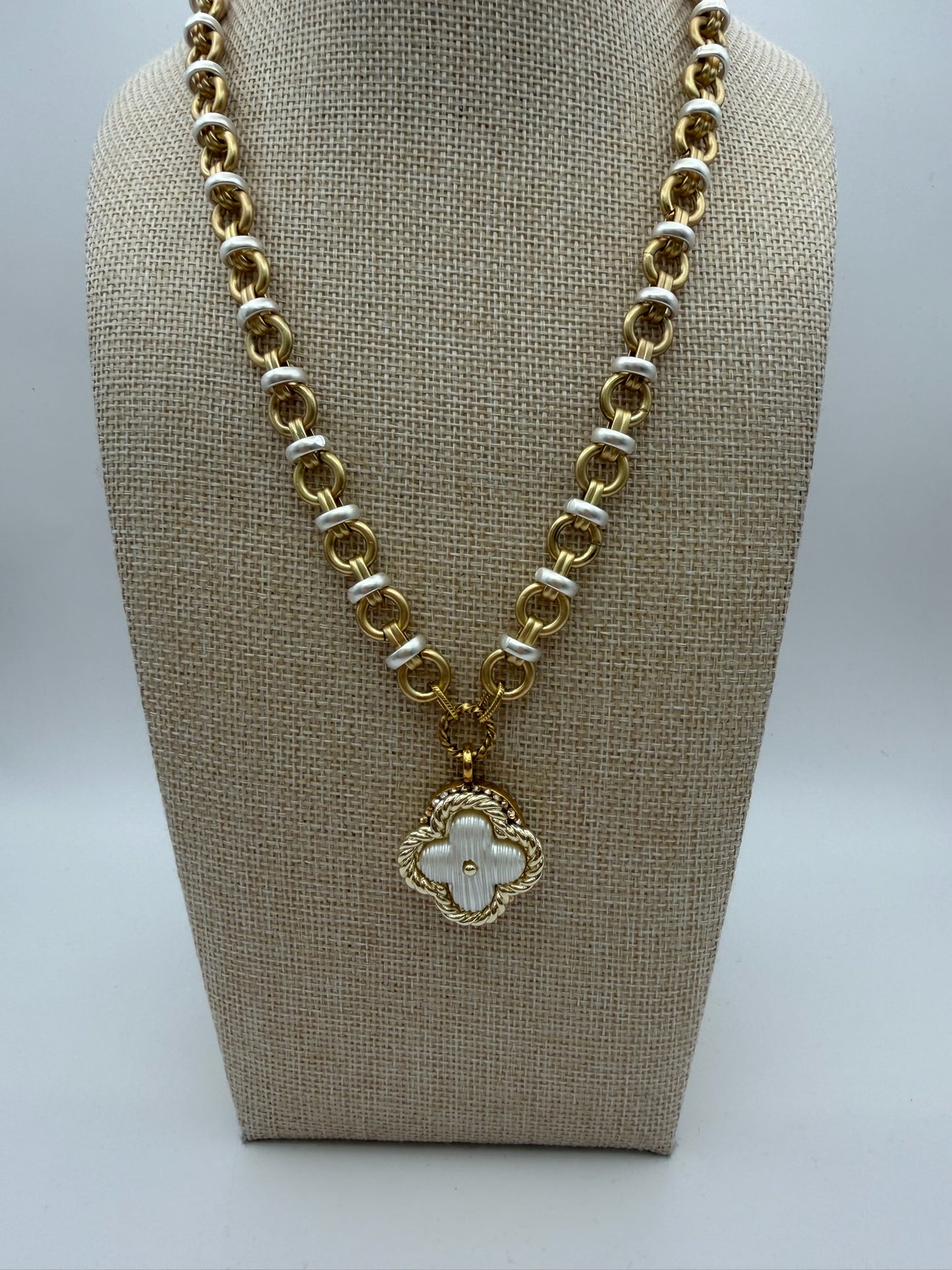 Mustard Seed Pearl White Clover with Mixed Metal Chain