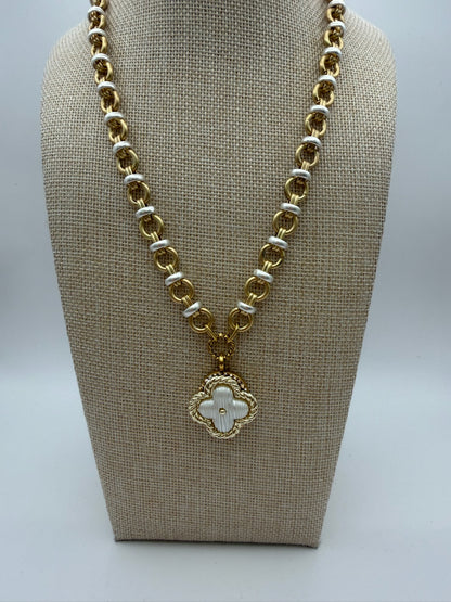 Mustard Seed Pearl White Clover with Mixed Metal Chain