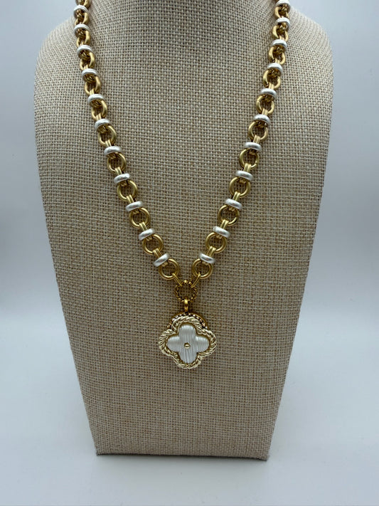 Mustard Seed Pearl White Clover with Mixed Metal Chain