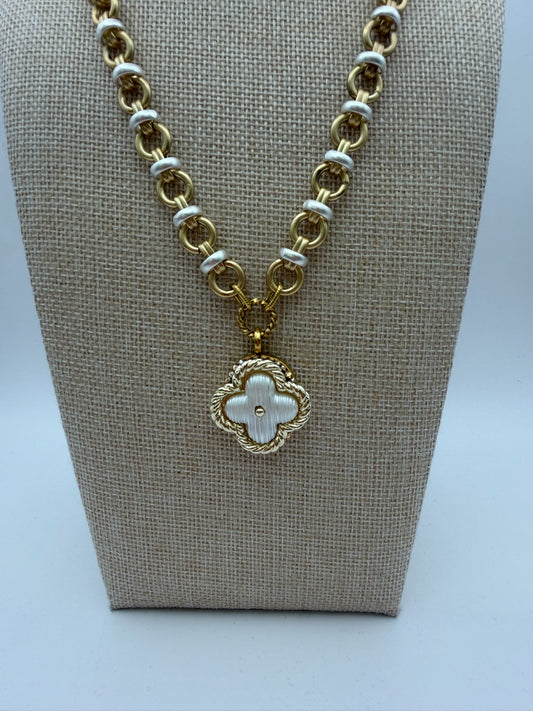Mustard Seed Pearl White Clover with Mixed Metal Chain