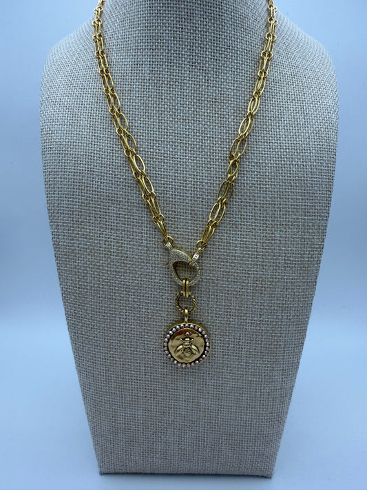 Mustard Seed Pearl Gold Bee Statement Necklace with Double Chain