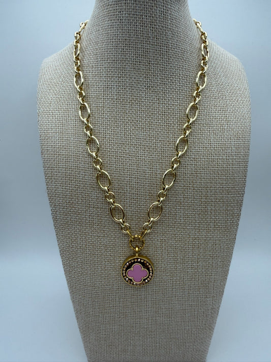 Mustard Seed Pink Clover Statement Necklace with Gold Chain