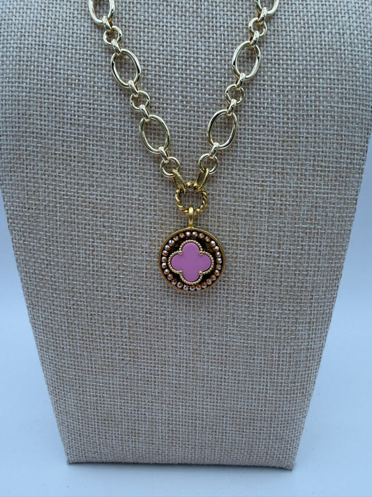 Mustard Seed Pink Clover Statement Necklace with Gold Chain