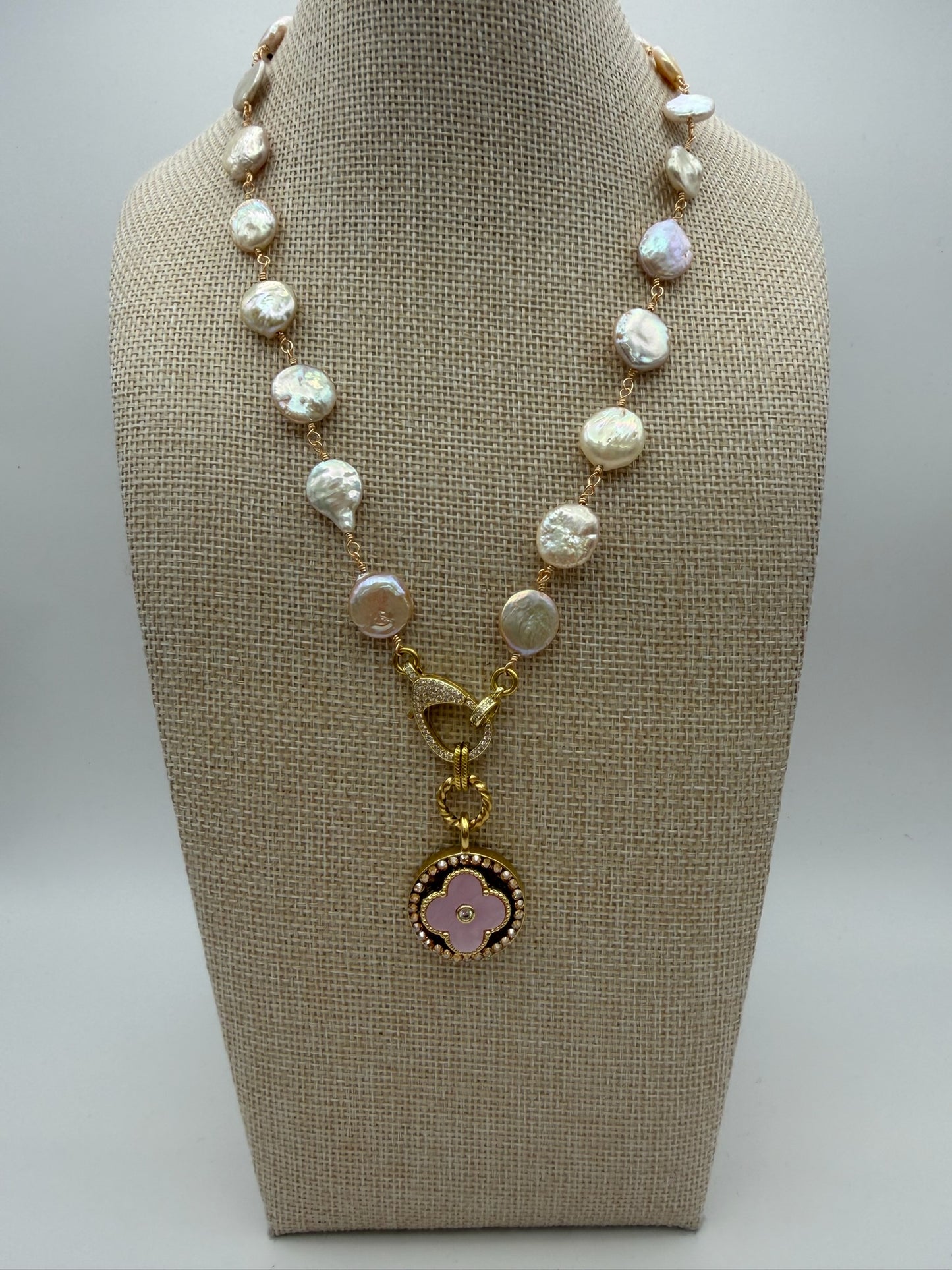 Mustard Seed Pearl Pink Clover Statement Necklace with Pearl Chain