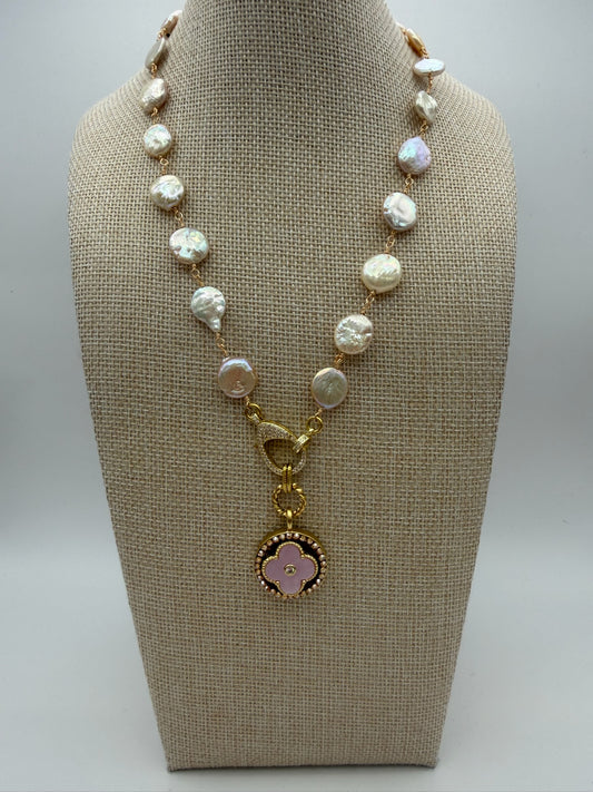Mustard Seed Pearl Pink Clover Statement Necklace with Pearl Chain