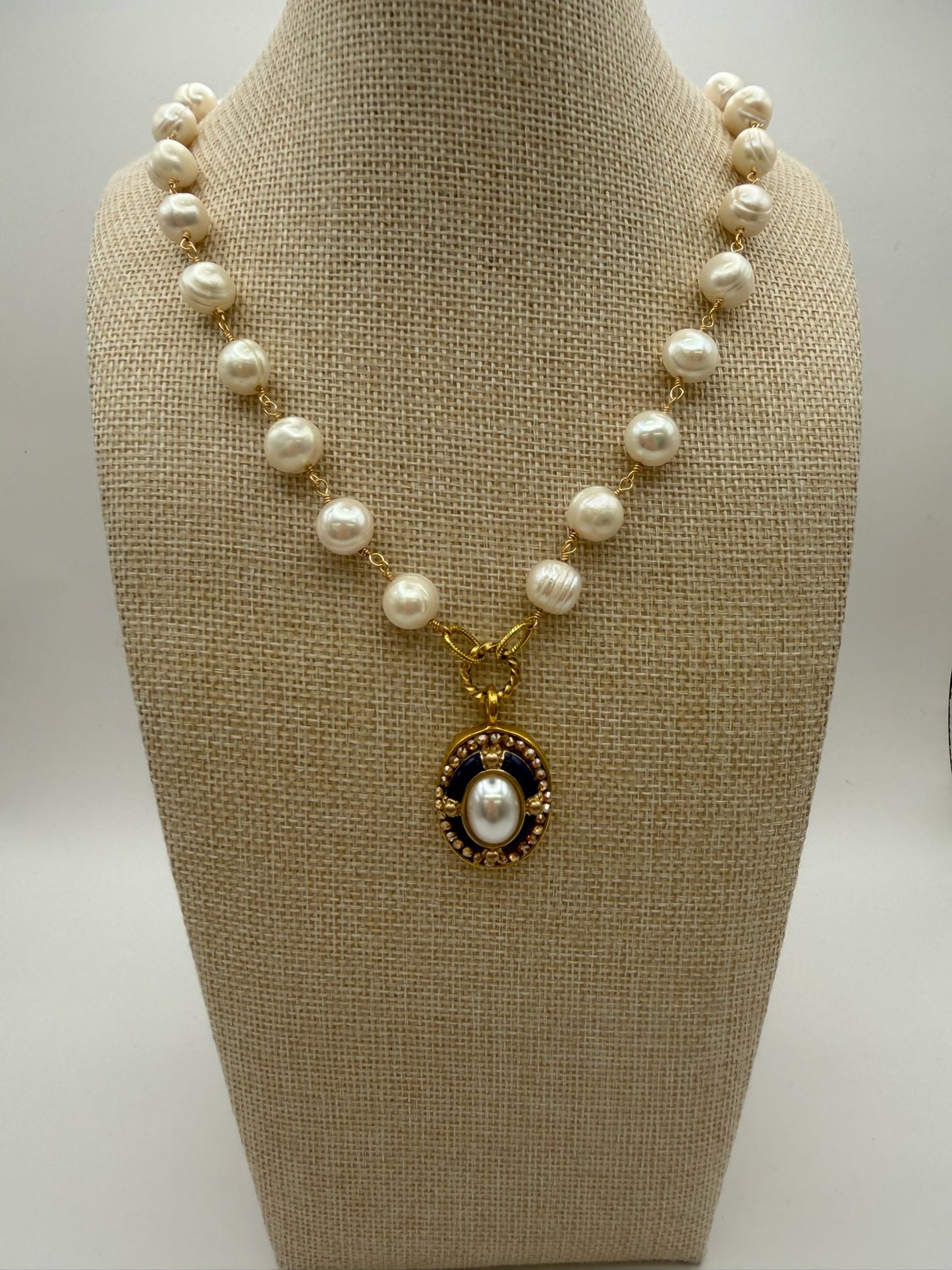 Mustard Seed Navy Detail Fresh Water Pearl Statement Necklace