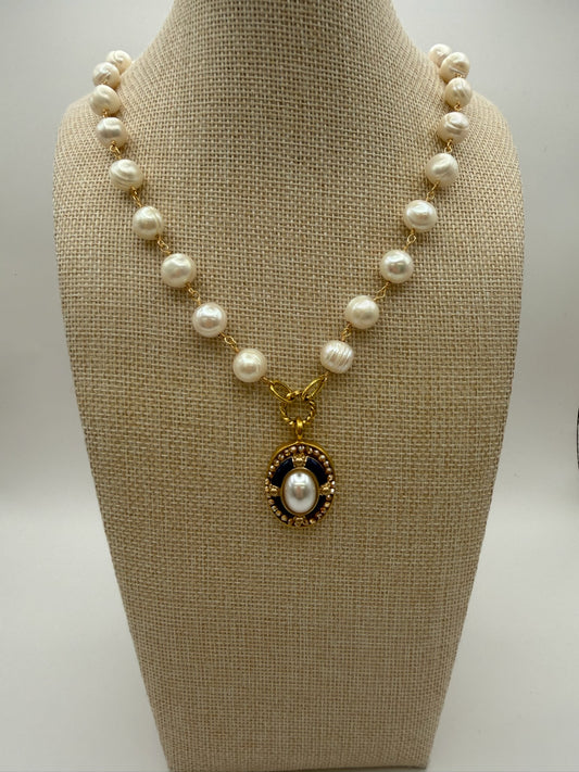 Mustard Seed Navy Detail Fresh Water Pearl Statement Necklace