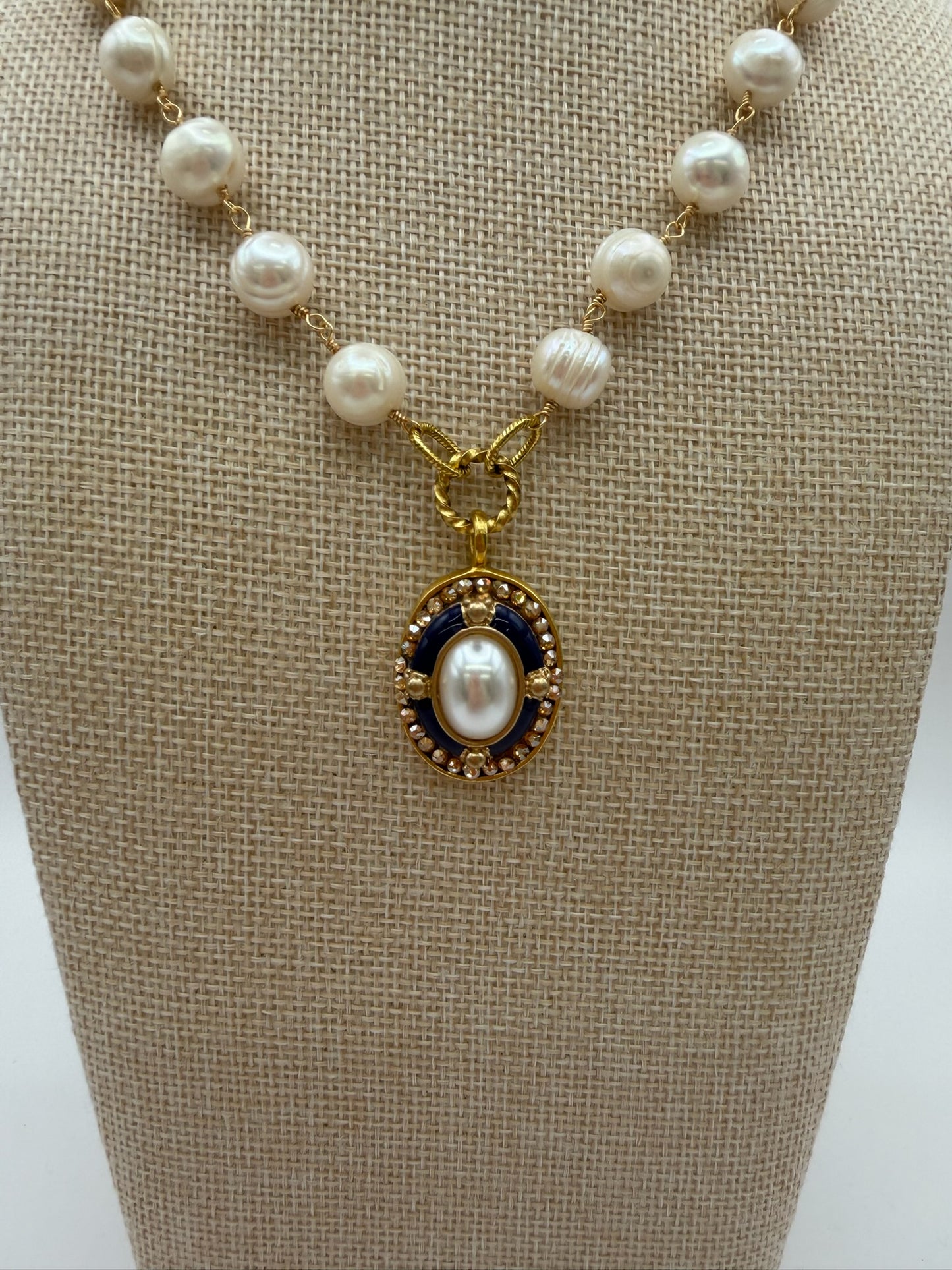 Mustard Seed Navy Detail Fresh Water Pearl Statement Necklace