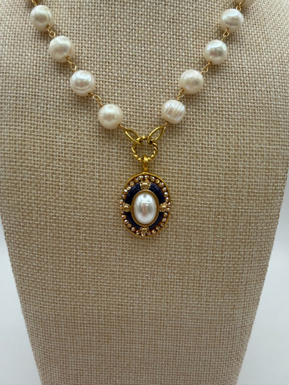 Mustard Seed Navy Detail Fresh Water Pearl Statement Necklace