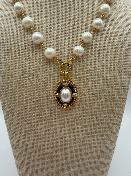 Mustard Seed Navy Detail Fresh Water Pearl Statement Necklace