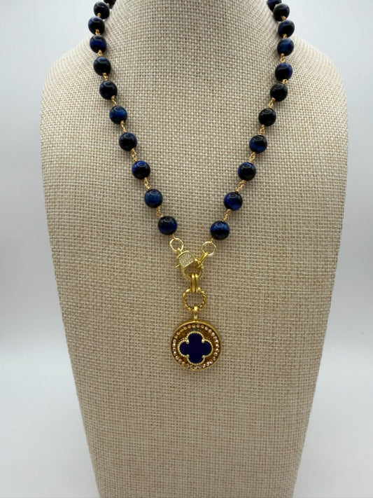 Mustard Seed Navy Clover Statement Necklace with Navy Beads