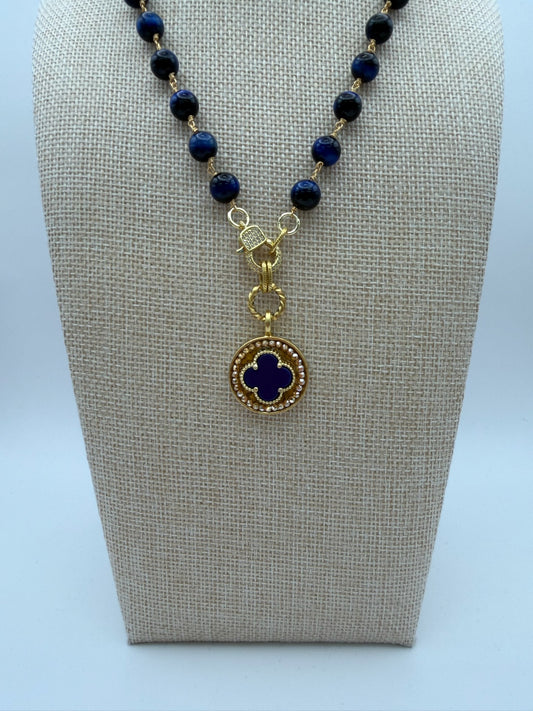 Mustard Seed Navy Clover Statement Necklace with Navy Beads