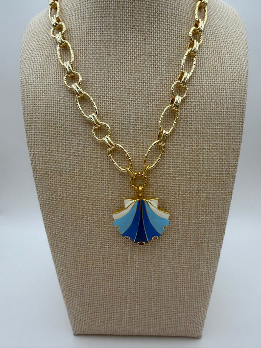 Mustard Seed Blue Statement Seashell Necklace with Gold Chain