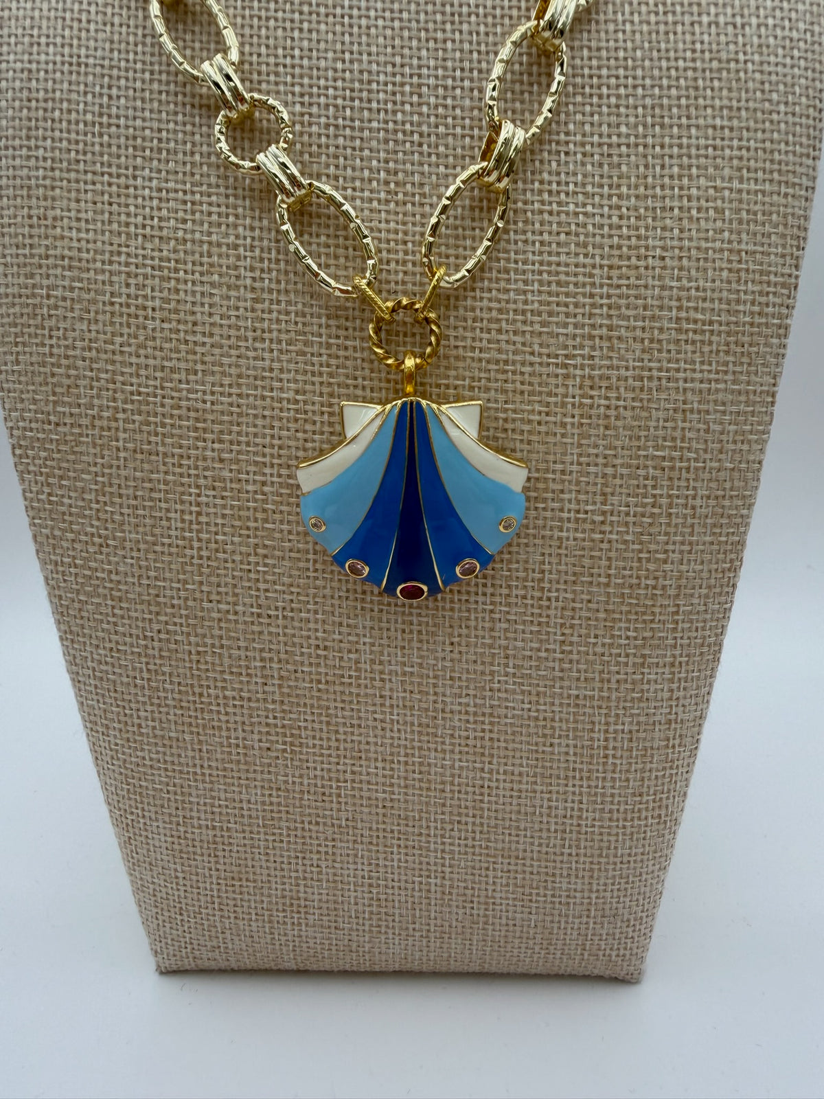 Mustard Seed Blue Statement Seashell Necklace with Gold Chain