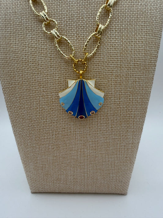 Mustard Seed Blue Statement Seashell Necklace with Gold Chain