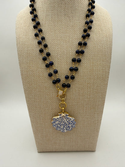 Mustard Seed Seashell Statement Necklace with Navy Double Strand Beads