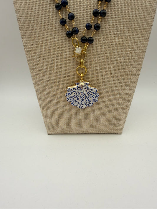 Mustard Seed Seashell Statement Necklace with Navy Double Strand Beads