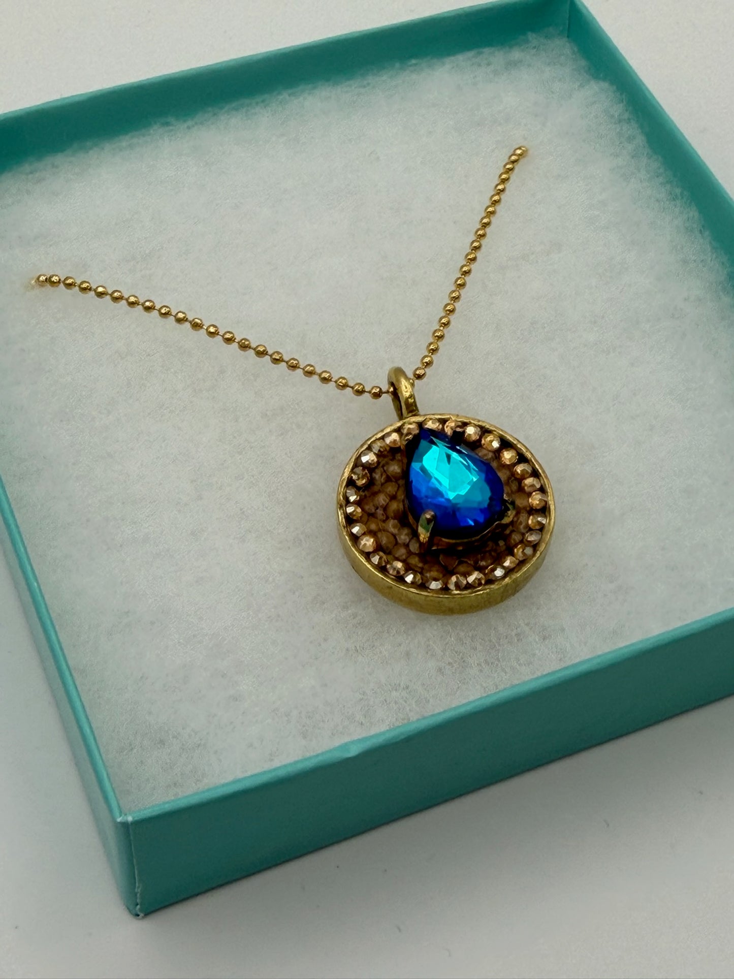 Mustard Seed Pendant Blue Gem Necklace with Thin Gold Chain