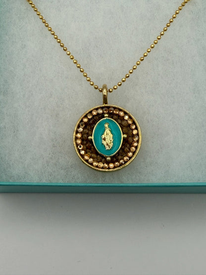 Mustard Seed Pendant Mother Mary Turquoise Necklace with Thin Gold Chain