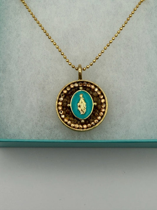 Mustard Seed Pendant Mother Mary Turquoise Necklace with Thin Gold Chain