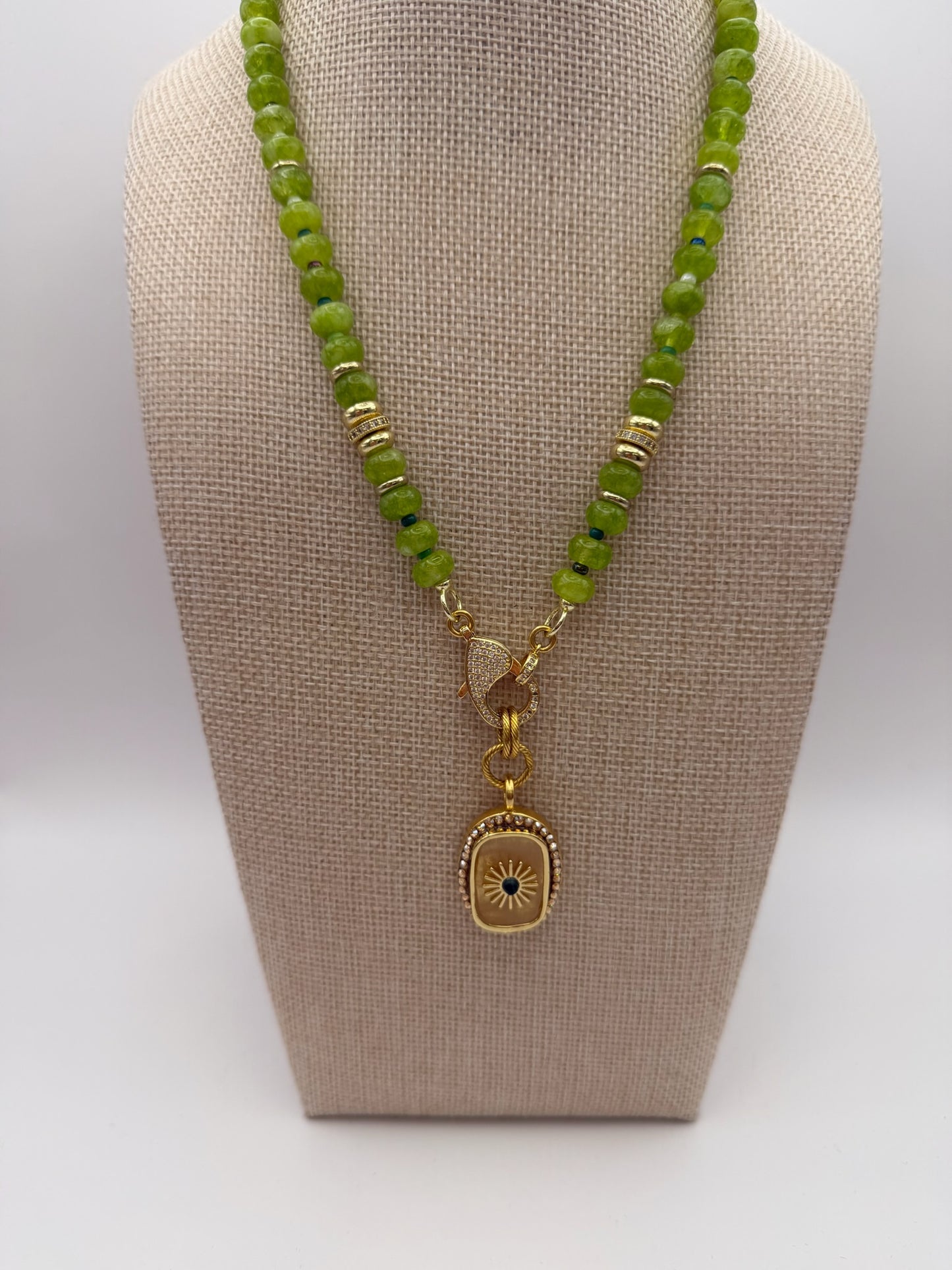 Mustard Seed Green and Gold Compass Exquisite Stone Necklace