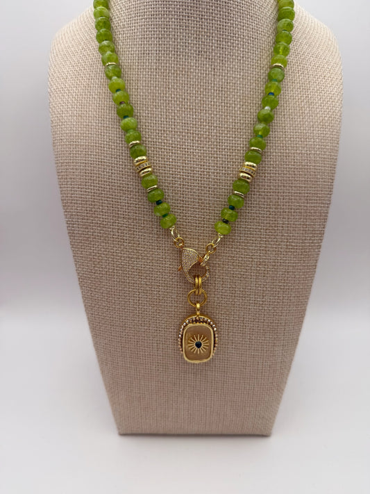 Mustard Seed Green and Gold Compass Exquisite Stone Necklace