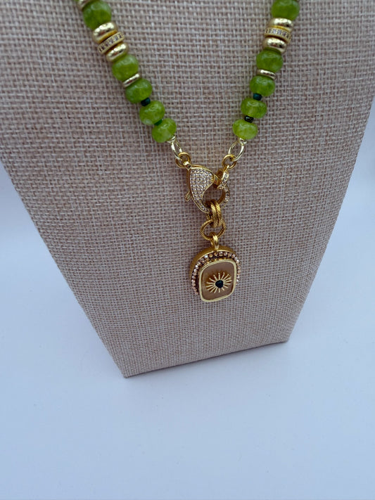 Mustard Seed Green and Gold Compass Exquisite Stone Necklace