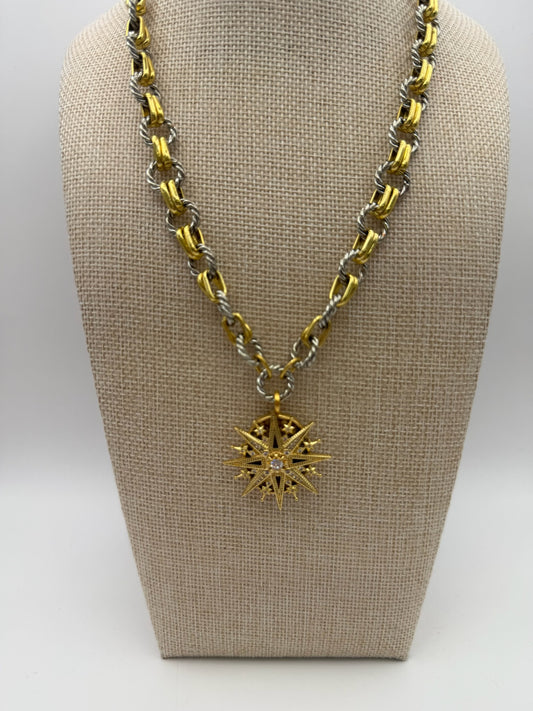 Mustard Seed Statement Compass Mixed Metal Chain Necklace