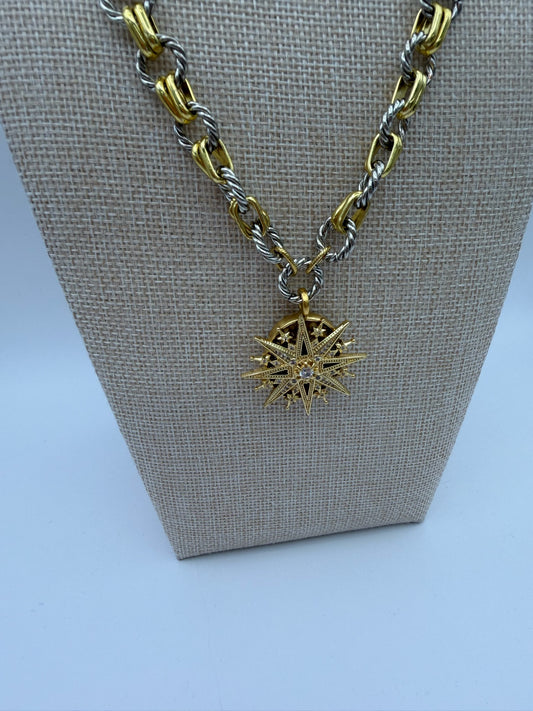 Mustard Seed Statement Compass Mixed Metal Chain Necklace