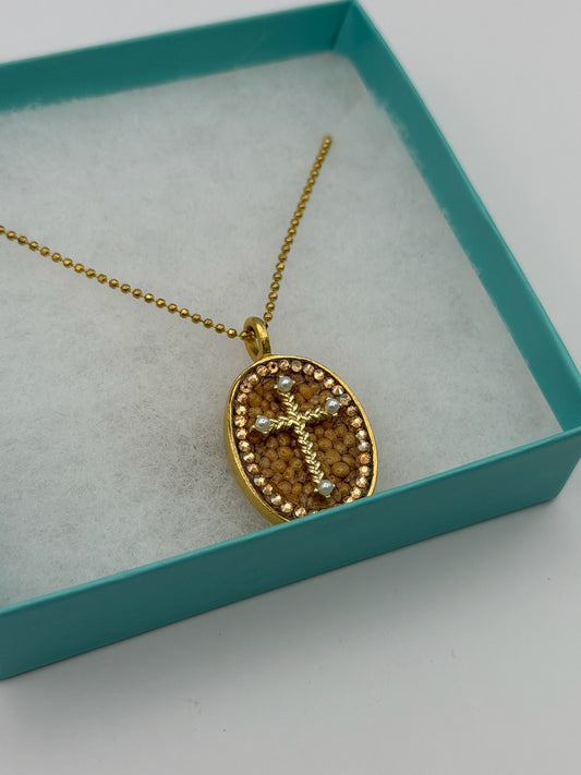 Mustard Seed Cross Pendant Necklace with Thin Gold Chain