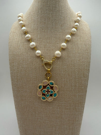 Mustard Seed Fresh Water Pearl Statement Necklace with Turquoise Detail