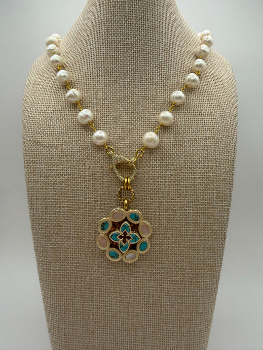 Mustard Seed Fresh Water Pearl Statement Necklace with Turquoise Detail