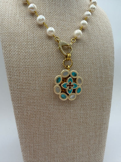 Mustard Seed Fresh Water Pearl Statement Necklace with Turquoise Detail