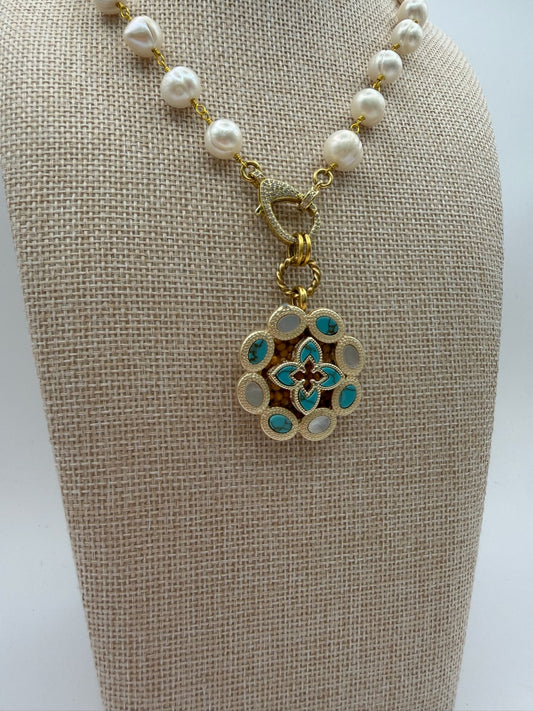 Mustard Seed Fresh Water Pearl Statement Necklace with Turquoise Detail