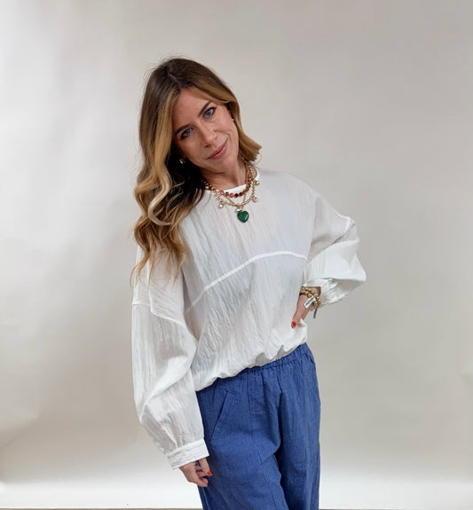 White Pullover Blouse with Elastic Hem