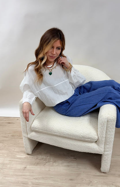 White Pullover Blouse with Elastic Hem