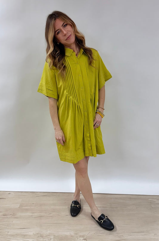 Chartreuse Pleated Button-Front Shirt Dress