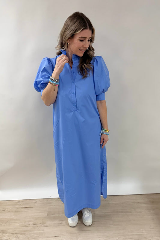 Soft Blue Puff-Sleeve Midi Dress