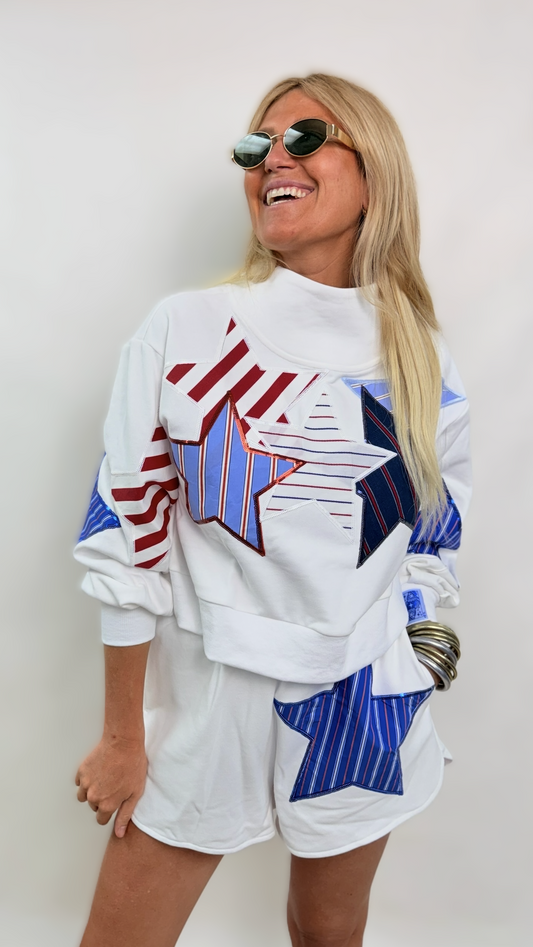 Queen of Sparkles White USA Stripe Patch Star Short