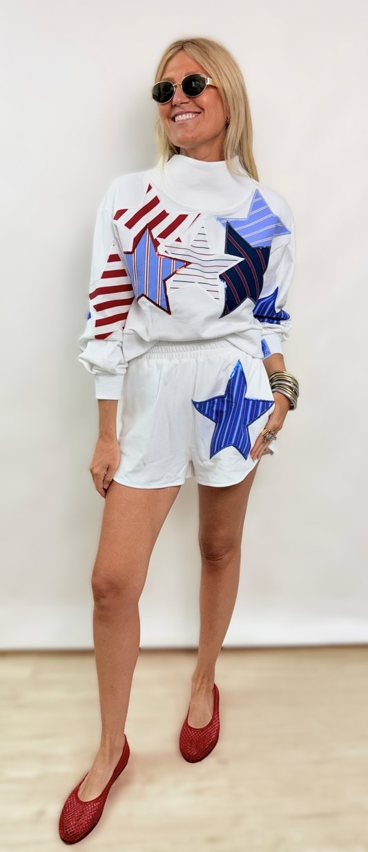 Queen of Sparkles White USA Stripe Patch Star Short